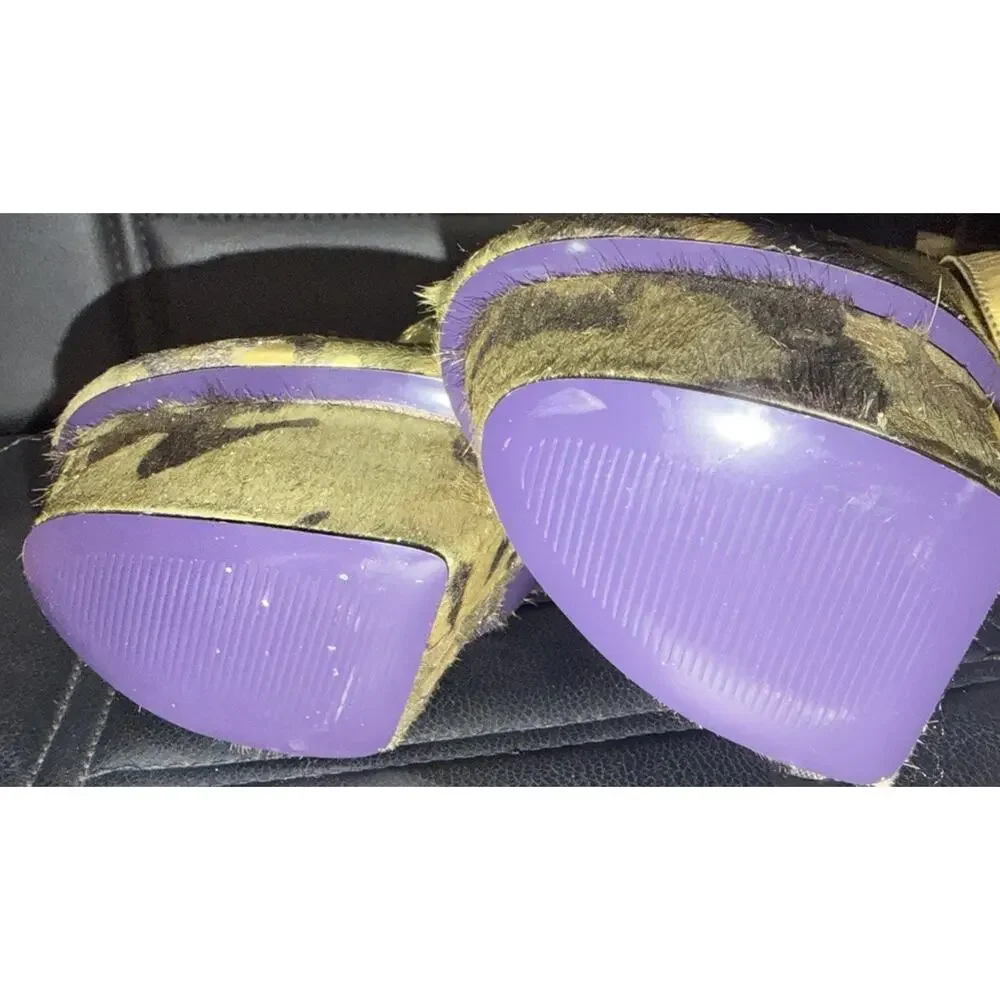 London Trash Lt.-Wynne Camo Real Fur Platform Heels Gold Ankle Strap Size 9